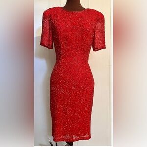 VINTAGE OLEG CASSINI BLACK TIE RED FULLY BEADED SILK COCKTAIL DRESS